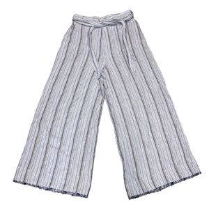 Anthropologie Cloth & Stone Blue Striped Linen Crop Pants Tie Fringe Hem Size XS